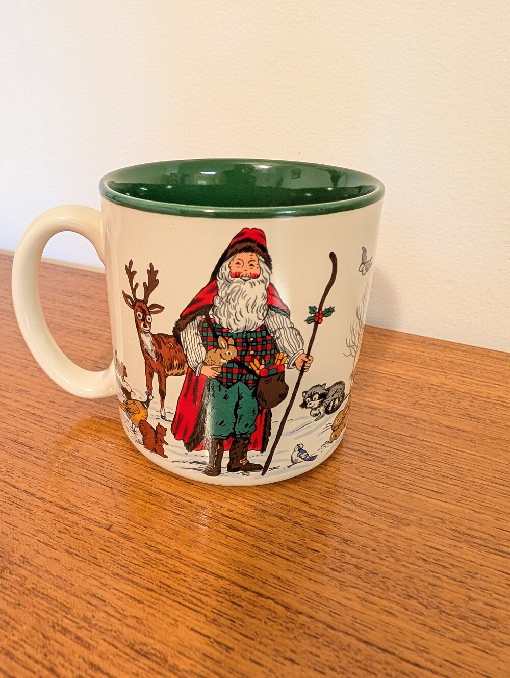 Vintage 80-90s Folk Art Father Christmas Santa Woodland Animals Retro Cozy Vtg